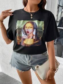 Calvaya 大碼人像圖案T恤 - 黑色 - 查看 5