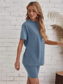 EMERY ROSE Bộ đồ hai mảnh nữ màu trơn Giải trí - Màu xanh bụi bặm - Xem 5