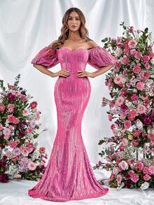 泡泡袖魚尾裙下擺亮片正式連衣裙 - 玫紅色 - 查看 3