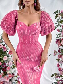 泡泡袖魚尾裙下擺亮片正式連衣裙 - 玫紅色 - 查看 4