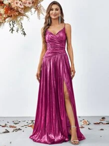 Solid Ruched Split Thigh Metallic Cami Formal Dress Prom Dresses For Women - Hot Pink - View 1