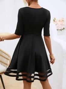 SHEIN Clasi Contrast Mesh V Neck Dress - Black - View 2