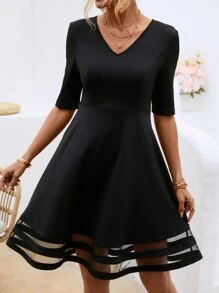 SHEIN Clasi Contrast Mesh V Neck Dress - Black - View 3