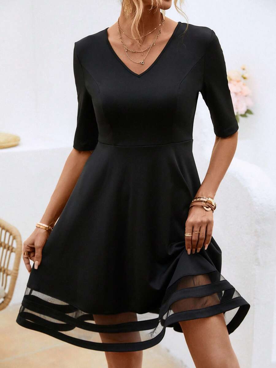 SHEIN Clasi Contrast Mesh V Neck Dress - Black - View 1