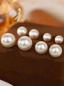 1對人造珍珠裝飾耳針 - 米色 - 查看 1