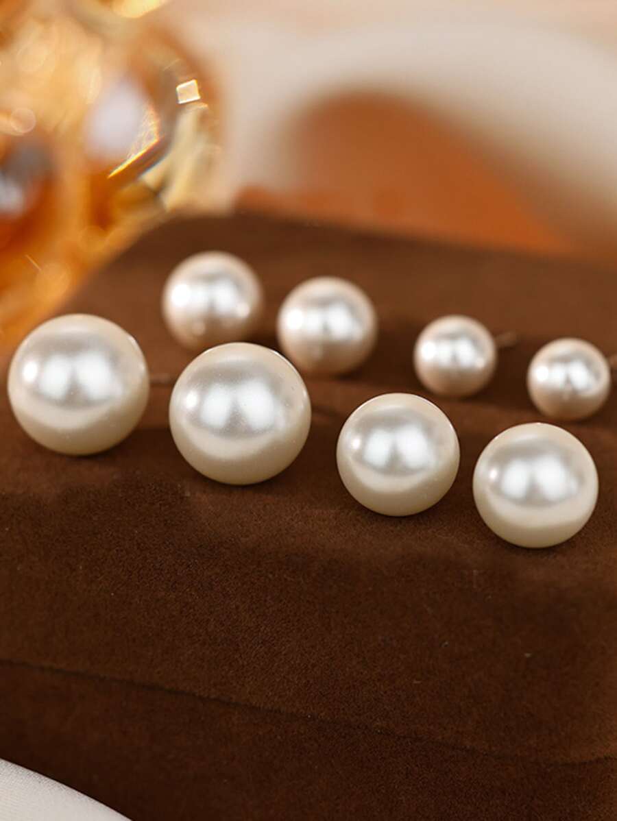 1對人造珍珠裝飾耳針 - 米色 - 查看 1