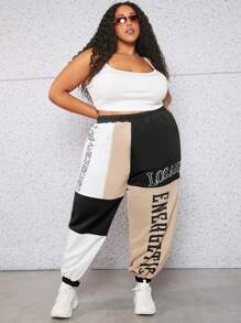 SHEIN CURVE+ Plus Letter Graphic Colourblock Joggers - Multicolor - View 1