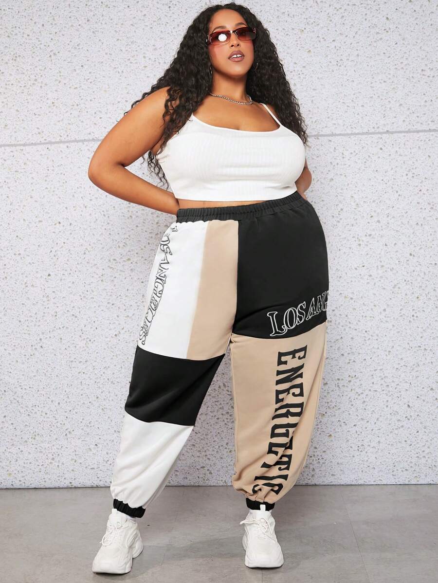 SHEIN CURVE+ Plus Letter Graphic Colourblock Joggers - Multicolor - View 1