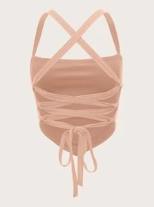 SHEIN ICON Solid Lace Up Wide Strap Top - Baby Pink - View 2