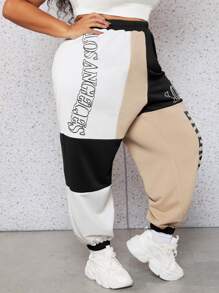 SHEIN CURVE+ Plus Letter Graphic Colourblock Joggers - Multicolor - View 3