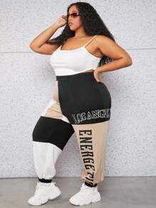 SHEIN CURVE+ Plus Letter Graphic Colourblock Joggers - Multicolor - View 4