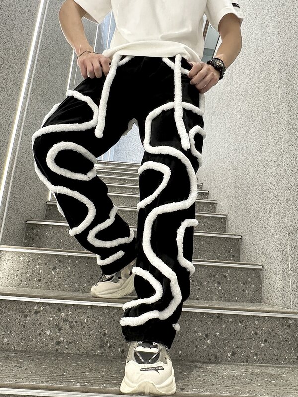 Manfinity EMRG جينز بساق مستقيم قطن زغبي حبل تفاصيل للرجال شي إن