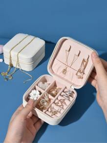 1個素色pu珠寶收納盒,家庭珠寶防塵盒,便攜式大容量珠寶盒,適用於旅行,情人節禮物 - 白色 - 查看 8