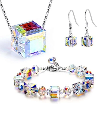 Nooxian 3 chiếc Vòng cổ mặt dây chuyền pha lê Sugar Cube (1 chiếc), Bông tai (1 đôi) và Vòng tay (1 chiếc) Bộ trang sức (Số lượng hạt ngẫu nhiên)