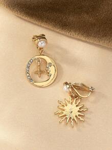 1對魅力四射鋅合金水鑽細節月亮和太陽裝飾夾式耳環適用於女士日常裝飾 - 金黃色 - 查看 2