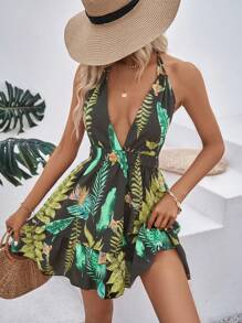 Breezaya Tropical Print Plunge Neck Tie Backless Ruffle Hem Dress - Black - View 5