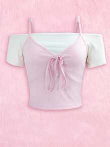 ROMWE Kawaii 2 In 1 Tie Front Cold Shoulder Tee - Nhiều màu - Xem 1