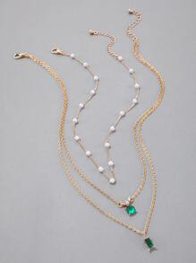 imoli 3pcs/Set Rhinestone & Faux Pearl Decor Necklace - Yellow Gold - View 5