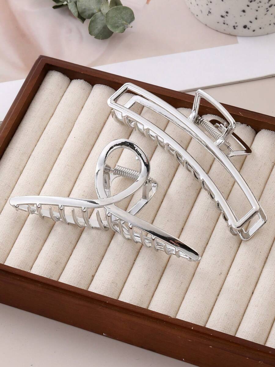 2入組金屬幾何圖形大號髮夾，適用於優雅的髮髻造型 - 銀色 - 查看 1