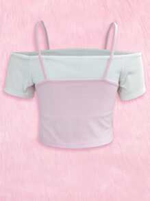ROMWE Kawaii 2 In 1 Tie Front Cold Shoulder Tee - Nhiều màu - Xem 2