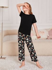 Chicas Conjunto de pijama con estampado floral - Negro - Ver 4