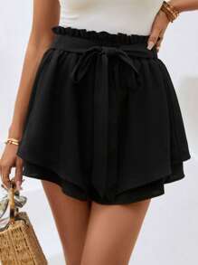 SHEIN VCAY Paperbag Waist Belted Wide Leg Shorts - Black - View 5