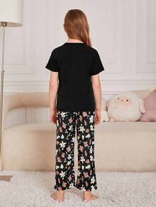 Chicas Conjunto de pijama con estampado floral - Negro - Ver 2
