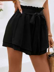 SHEIN VCAY Paperbag Waist Belted Wide Leg Shorts - Black - View 6