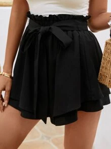 SHEIN VCAY Paperbag Waist Belted Wide Leg Shorts - Black - View 1