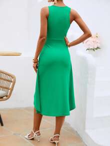 SHEIN Clasi Solid Knot Side Asymmetrical Hem Dress - Green - View 2