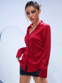 SHEIN ICON Fall Sexy Satin Leopard Print Women's Shirt,Long Sleeve Tops - Red - View 3