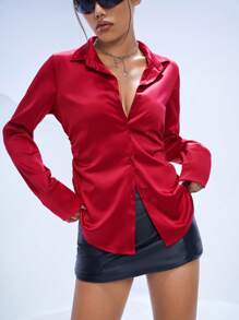 SHEIN ICON Fall Sexy Satin Leopard Print Women's Shirt,Long Sleeve Tops - Red - View 5