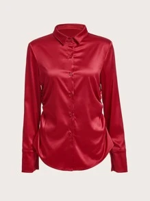 SHEIN ICON Fall Sexy Satin Leopard Print Women's Shirt,Long Sleeve Tops - Red - View 9
