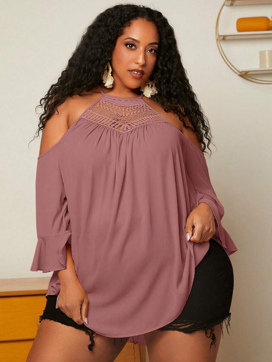 SHEIN CURVE+ 大碼挖肩荷葉袖蕾絲花邊襯衫 - 藕粉色 - 查看 1