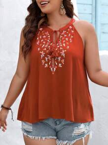 SHEIN VCAY 大碼印花繫帶領上衣 - 亮橙色 - 查看 1