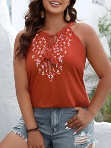 SHEIN VCAY 大碼印花繫帶領上衣 - 亮橙色 - 查看 6