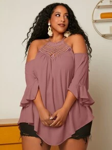 SHEIN CURVE+ 大碼挖肩荷葉袖蕾絲花邊襯衫 - 藕粉色 - 查看 3