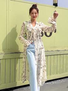 DAZY Allover Print Flounce Sleeve Tie Front Longline Shirt Long Sleeve Top - Beige - View 10