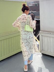 DAZY Allover Print Flounce Sleeve Tie Front Longline Shirt Long Sleeve Top - Beige - View 2