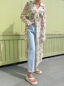 DAZY Allover Print Flounce Sleeve Tie Front Longline Shirt Long Sleeve Top - Beige - View 3