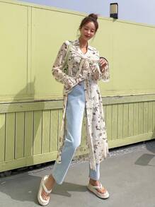 DAZY Allover Print Flounce Sleeve Tie Front Longline Shirt Long Sleeve Top - Beige - View 5