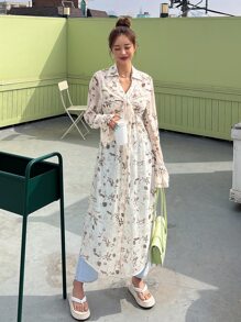 DAZY Allover Print Flounce Sleeve Tie Front Longline Shirt Long Sleeve Top - Beige - View 6