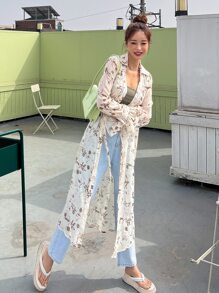 DAZY Allover Print Flounce Sleeve Tie Front Longline Shirt Long Sleeve Top - Beige - View 9