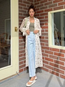 DAZY Allover Print Flounce Sleeve Tie Front Longline Shirt Long Sleeve Top - Beige - View 8