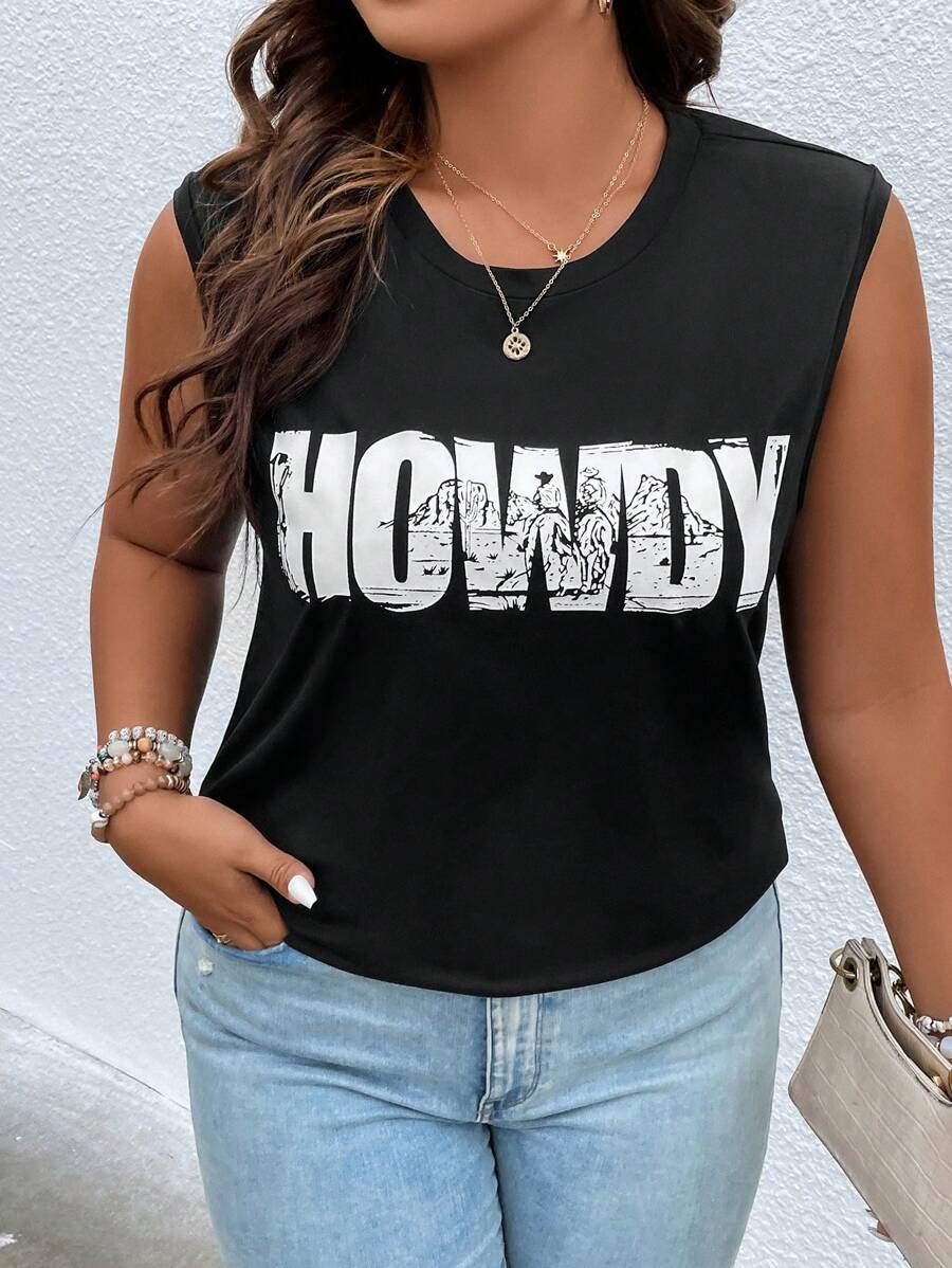 SHEIN LUNE 大碼字母圖案背心上衣 - 黑色 - 查看 1