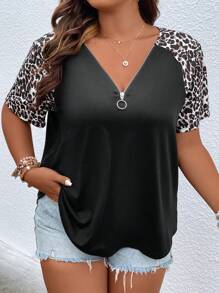 SHEIN LUNE 大碼豹紋印花插肩袖O形環細節T恤 - 黑色 - 查看 1