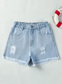 Tween Girl Summer Light Washed Blue A-Line Wide Leg Denim Shorts With Distressed Frayed Hem, Outwear - Light Wash - View 1