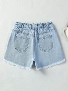 Tween Girl Summer Light Washed Blue A-Line Wide Leg Denim Shorts With Distressed Frayed Hem, Outwear - Light Wash - View 2