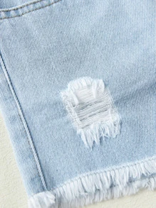Tween Girl Summer Light Washed Blue A-Line Wide Leg Denim Shorts With Distressed Frayed Hem, Outwear - Light Wash - View 5