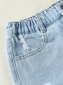 Tween Girl Summer Light Washed Blue A-Line Wide Leg Denim Shorts With Distressed Frayed Hem, Outwear - Light Wash - View 6